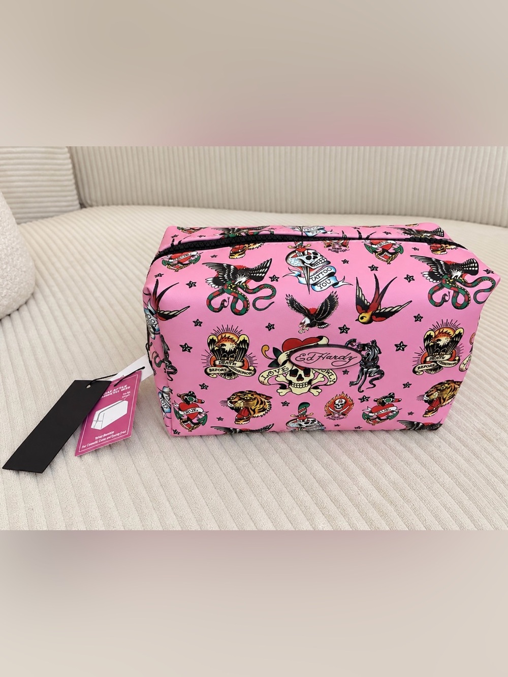 Ed Hardy Pink Tattoo Print Large Cosmetic Travel Bag